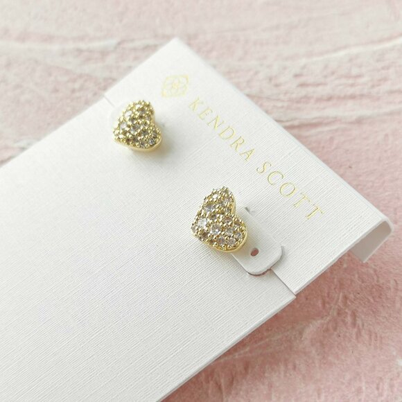 Kendra Scott Ari PAVE White Crystal Gold Heart Earrings - Picture 2 of 3